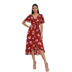 Luxology Burgundy Floral Wrap Maxi Dress Size 12 Short Sleeve Tie Waist.